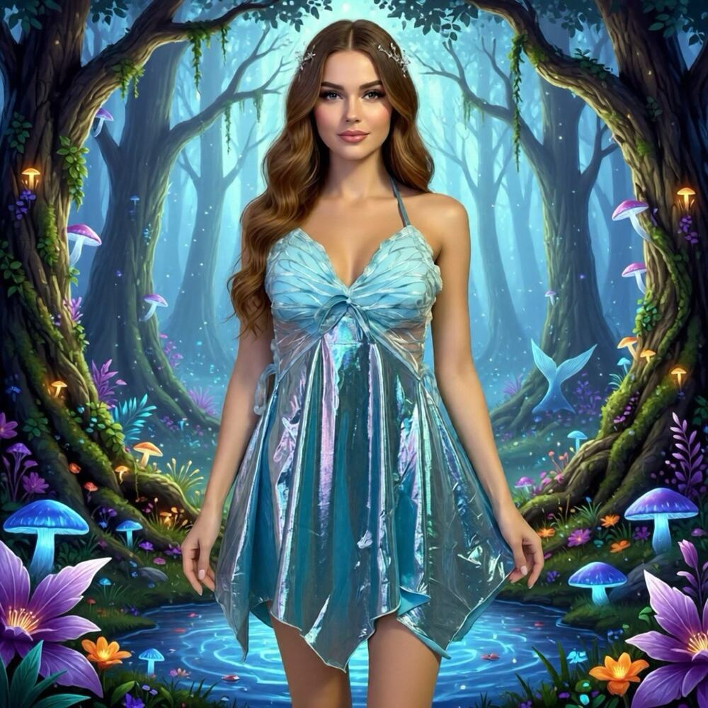 Fantasy Butterfly Fairy Romantic MiniDress Women XS/S Shiny Teal Whimsy Party